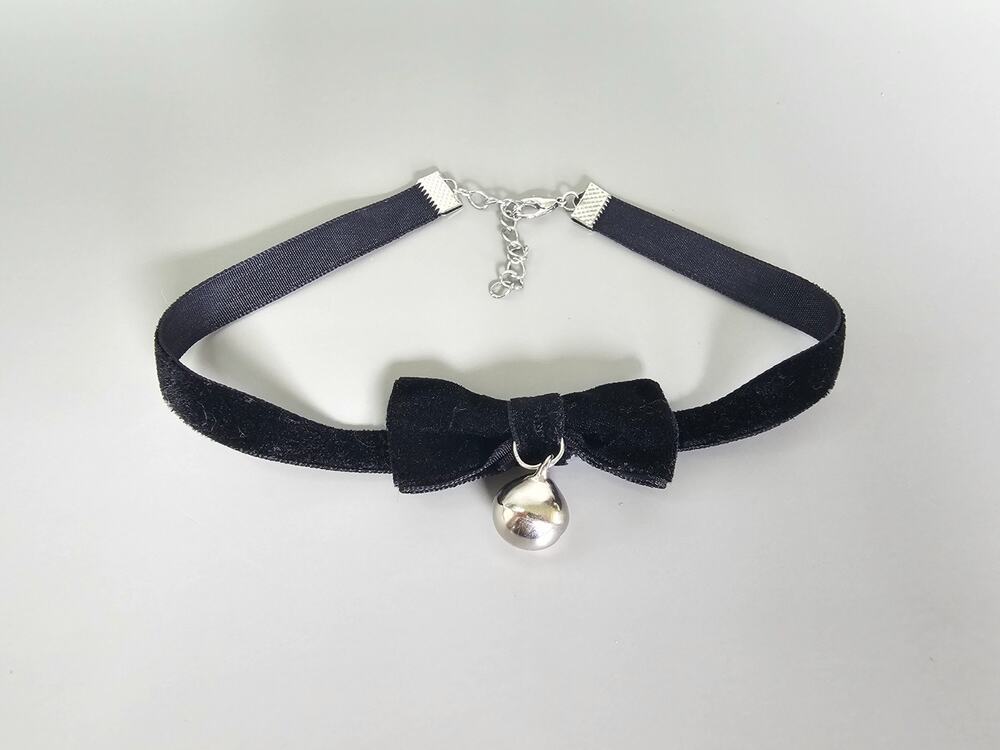Vintage 90s Black Velvet Bow Choker Necklace Bell Y2K Goth Witchycore Cat Collar
